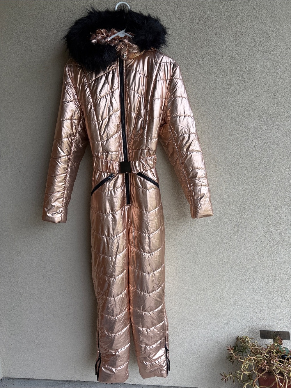 Metallic Rose Gold Quilted Hooded Jumpsuit Coat with Faux Fur Trim